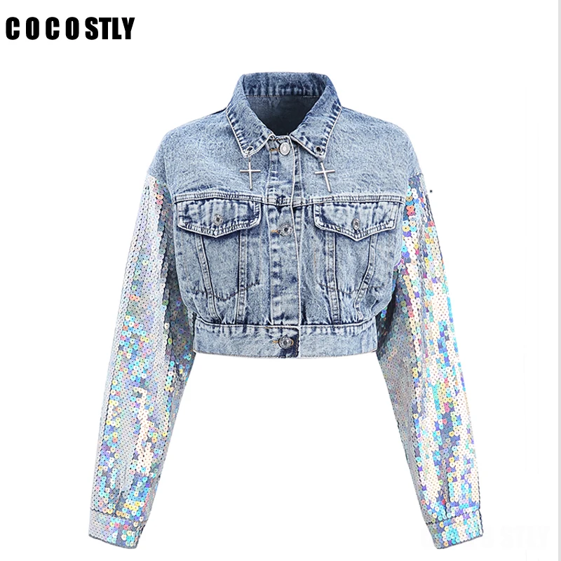 

Sequins Patchwork Denim Jacket For Women Lapel Long Sleeve Button Big Size Denim Coat Female Fashion 2019 Autumn New