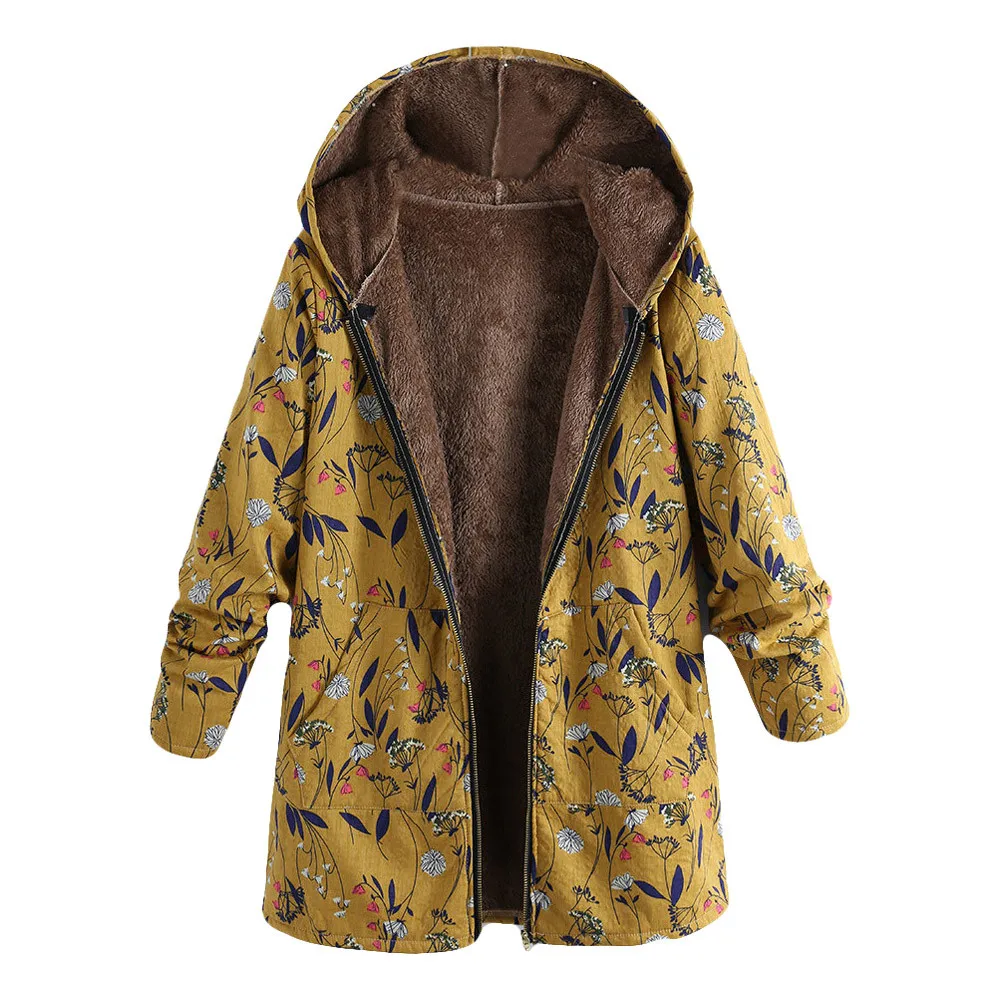 Пальто и куртки для женщин, зимняя теплая верхняя одежда, цветочный принт, с капюшоном, с карманами, в винтажном стиле, большие размеры, модная женская куртка 2018Oct10