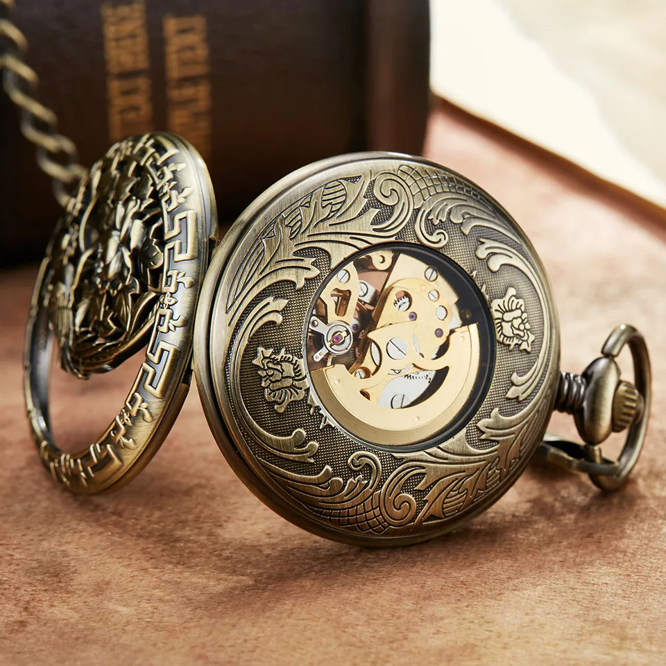 Ретро Бронзовый Дракон Феникс цветок изысканный скульптура механические цепочки для карманных часов Luckly Lover свадебные подарки скелет часы