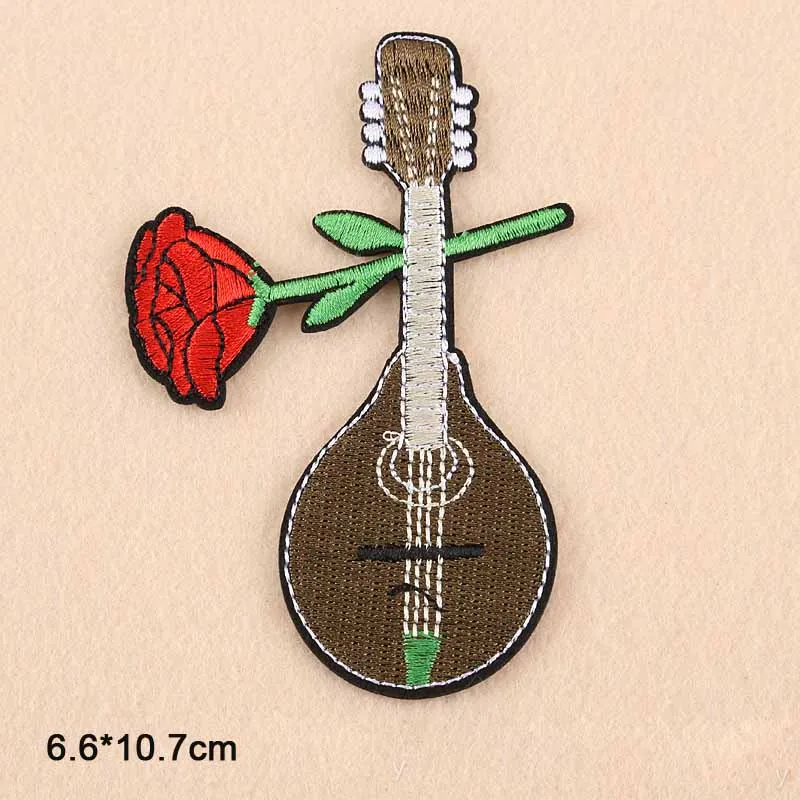 

Guitar With Flower Skull Cross Crucifix Iron On Patches Embroidered Clothes Stickers Garment Apparel Accessories