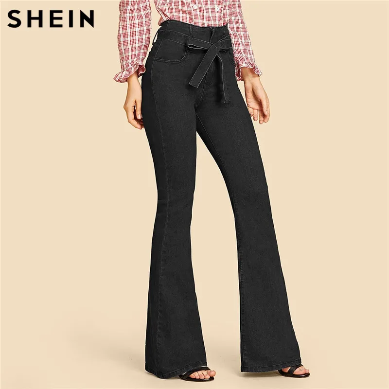SHEIN Однотонные Расклешенные Джинсы С Поясом Женские Джинсовые Брюки На Молнии С Высокой Талией