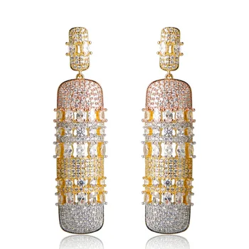 

Dazz Luxury Wedding Birdal Dangle Earrings Three Tone Color Long Pendant Drop Ear Pendientes Shiny CZ Zircon Copper Earring