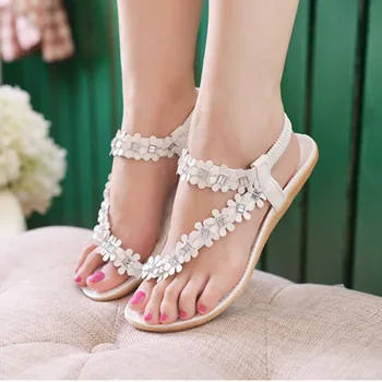

Women Summer Bohemia Flower Beads Flip-flop Shoes Flat Sandals