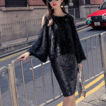 

Cakucool New Sequined Sweaters Thick Faux Mink Hair Jumpers O-neck Off Shoulder Long Flare Sleeve Loose Autumn Sexy Sweater Lady