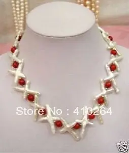 

$wholesale_jewelry_wig$ Charming jewelry white cross pearl red coral necklace 18" inch