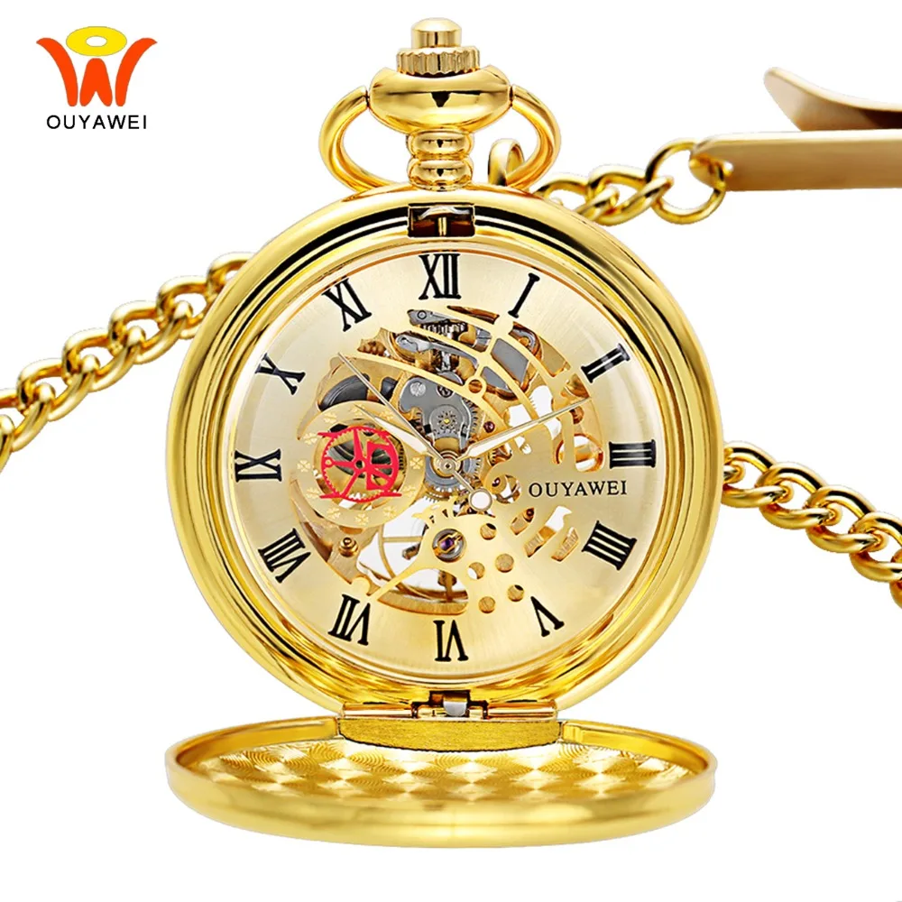 Золотой Скелет Механические мужские карманные Fob часы Винтаж кулон часы цепочки и ожерелья часы Античная Механическая рука Ветер цепи часы