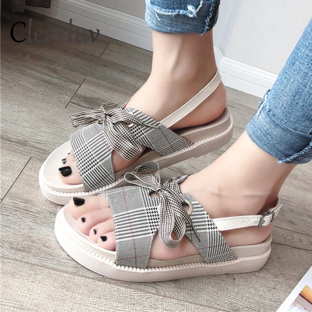 

Muffin bottom slippers brand new striped lace bow soft bottom with non-slip comfortable casual beach sandals women C1315