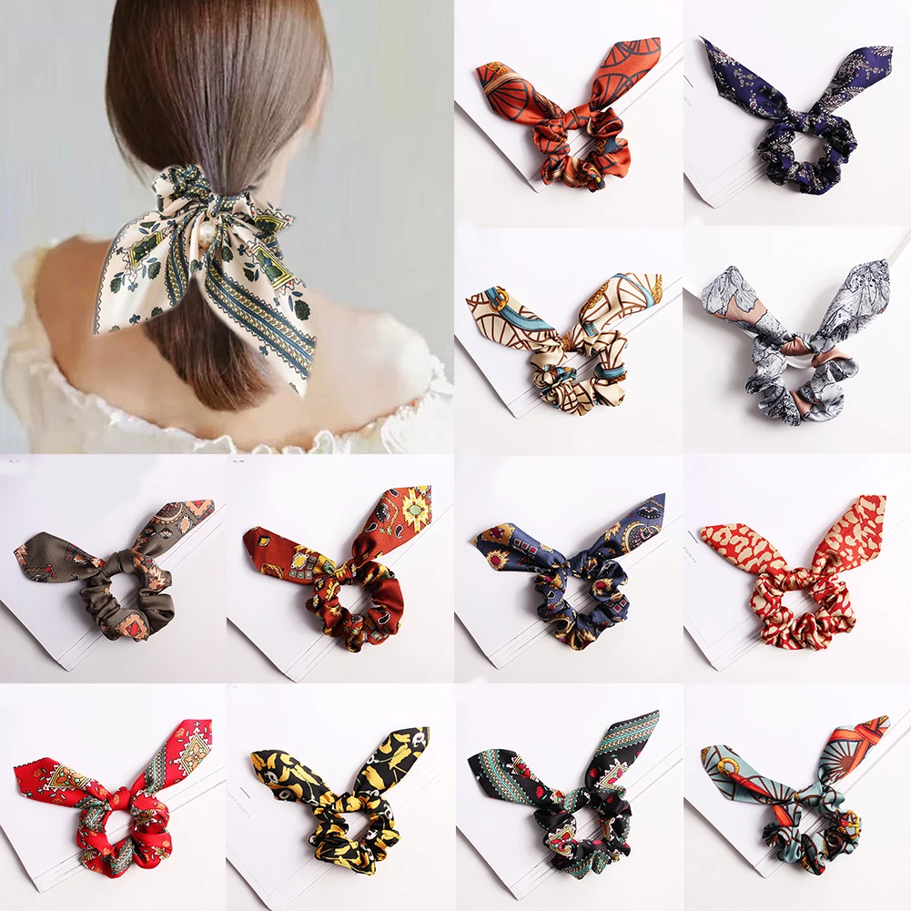 

leopard Girls Bunny Ears Chiffon Scrunchie Elastic Hair Band Bow Hair Ropes Ladies Head Band Girls Hair Ties Hair Accessories