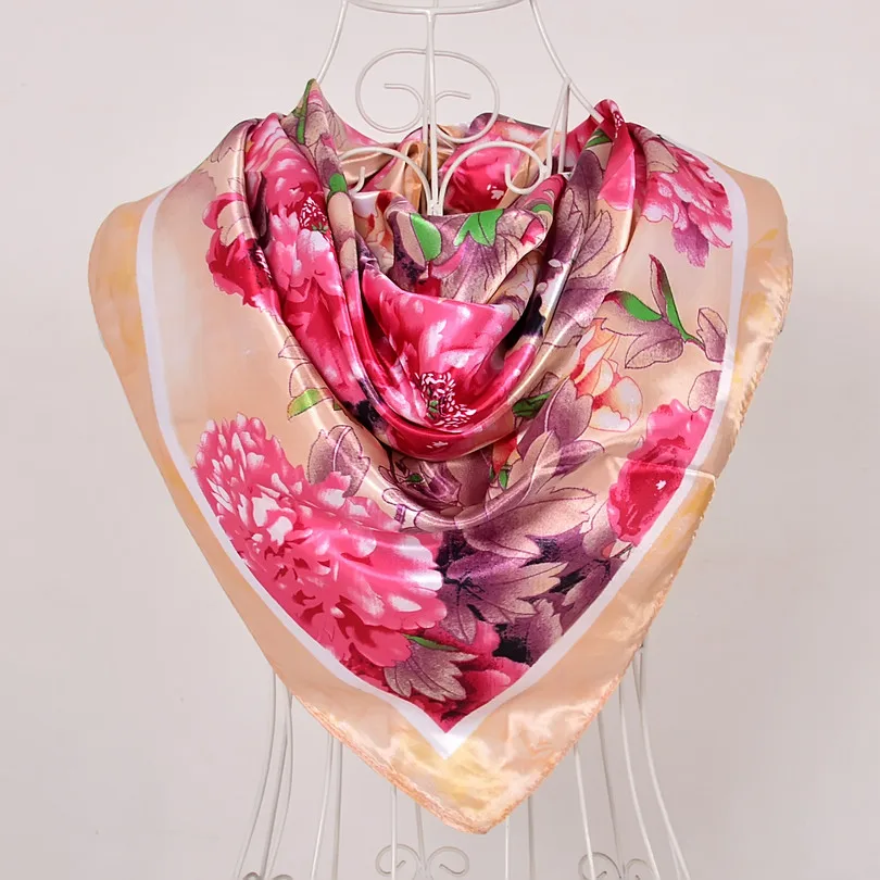 [BYSIFA] темно-синий бежевый женский атласный шелковый шарф шаль модные аксессуары женские цепи цветочный узор осень зима шарфы - Цвет: rich peony