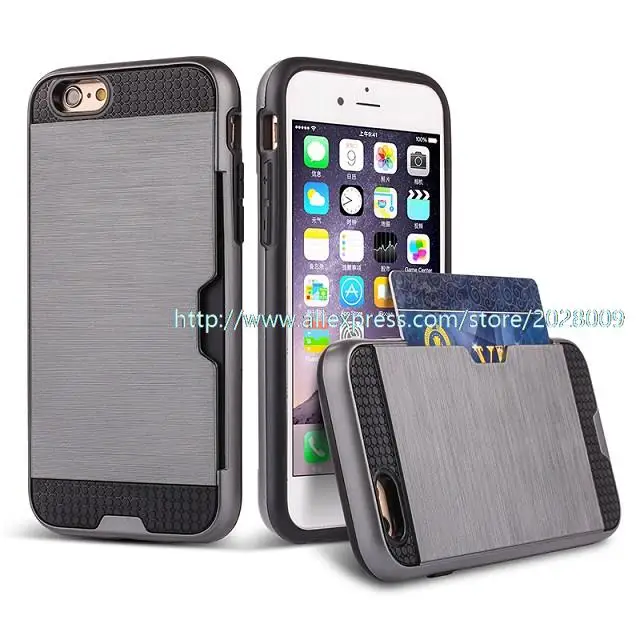 200pcs armor brushed  with card holder slot 2 in 1 hybrid TPU plastic cases for iphone 6s plus 6 plus 6s 6 5s 5 hard back covers