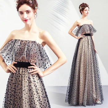 

ruthshen Black Long Evening Dresses 2019 Spring Summer Printed Tulle Gown Ruffles Top Exquisite Party Formal Gown Robe De Soiree