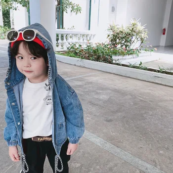 

SFC-280 Children Baby Boys New Spring And Autumn Outerwear Light Blue Jean Hooded Full Sleeve Thin Jacket Coat