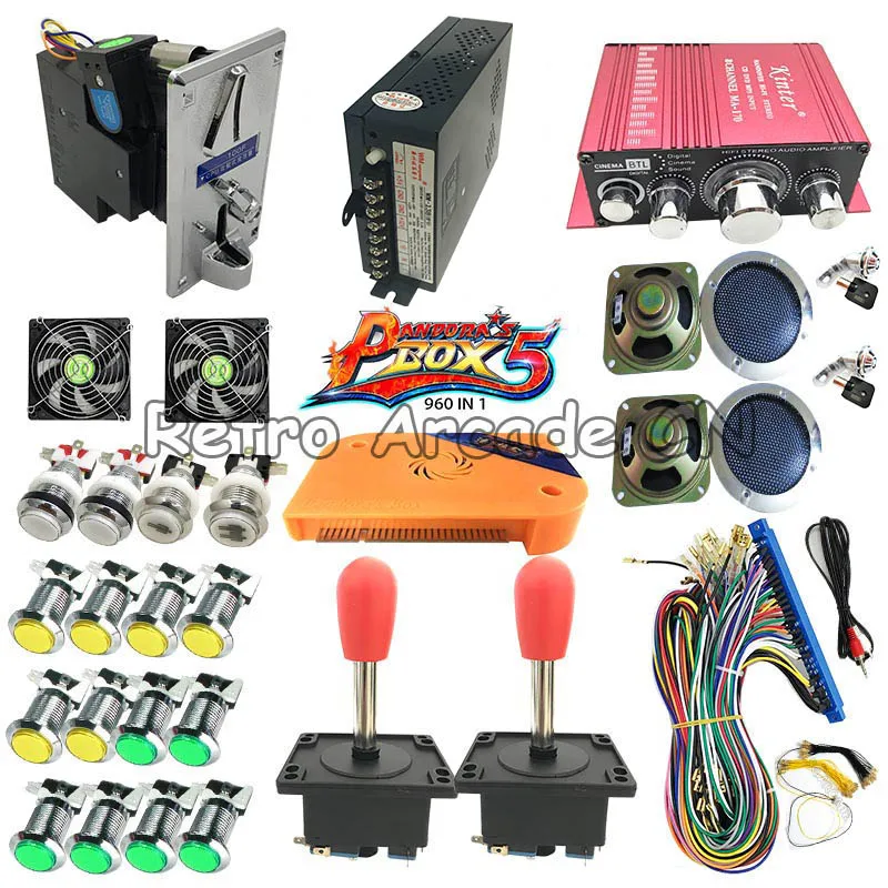 DIY Arcade Original Pandora Box 5 960 in 1 Bundles Kits Parts With Power Supply Jamma Harness Happ Joystick Chrome LED Button