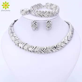 

2020 Fashion Dubai Silver Plated Jewelry Sets Costume Big Design Nigerian Wedding African Beads Necklace Earrings Jewelry Sets