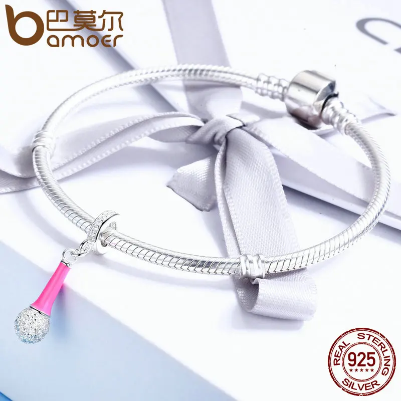 BAMOER Genuine 925 Sterling Silver I Love Singing Microphone Clear CZ Pendant Charm fit Women Bracelet DIY Beads Jewelry SCC440