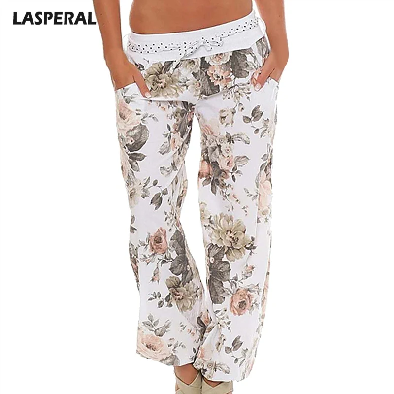 LASPERAL Women Wide Leg Pants Fashion Midi Waist Women Trousers Summer Floral Print Pockets 