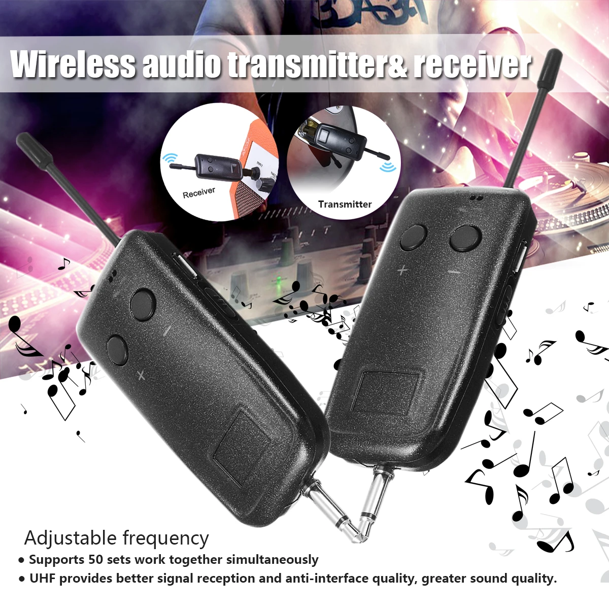 

UHF Wireless Audio Transmitter Receiver System For Guitar Electric Instrument Portable 40/60m Adjustable Frequency Lightweight