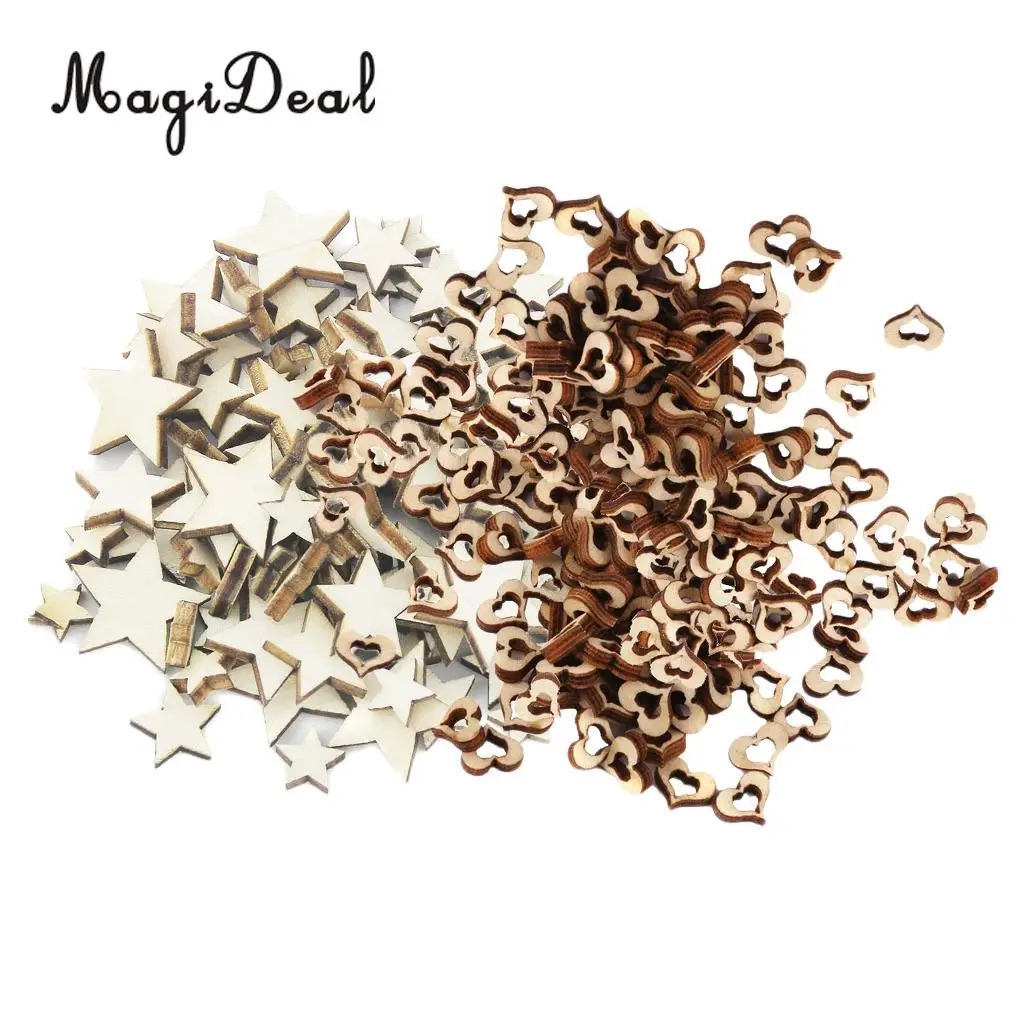 200pcs Rustic Wood Slices Wood Heart Embellishment Star Shapes Wedding Decoration Centerpieces Table Ornaments
