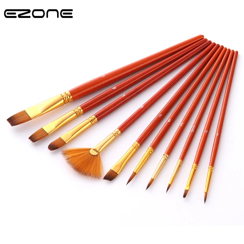 

EZONE 10PCS Paint Brush For Watercolor Oil Gouache Acrylic Painting Different Shape Size Nylon Hair Brushes Students Stationery