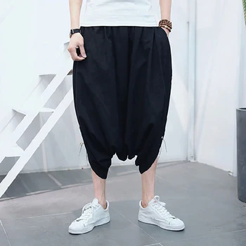 

2018 Summer New Men's Calf-Length Wide Leg Harem Loose Cotton Pants Drop-crotch Solid Lightweight Trousers Chinese National