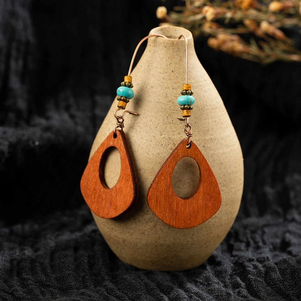Multi 2019 Ethnic Geometric Wood Dangle Drop Earrings for Women Sakura Cherry Flower Pendant Hanging Jewelry Accessories Gift