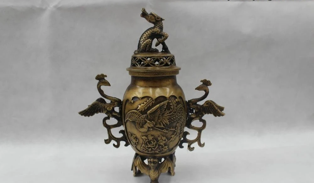 

12"Chinese Folk Pure Bronze Dragon phoenix Lucky Burner incense burner Statue
