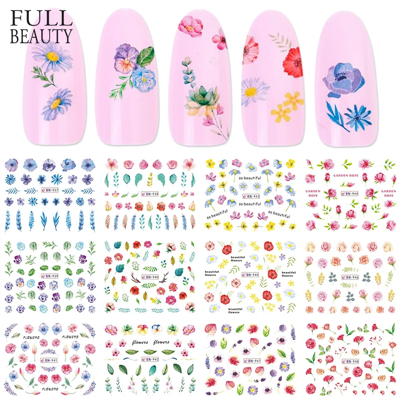 

12 pcs Blooming Slider Nail Sticker Water Mixed Design Manicure Tips Gradient Flower Leaf Green Nail Art Decor Decal CHBN937-948