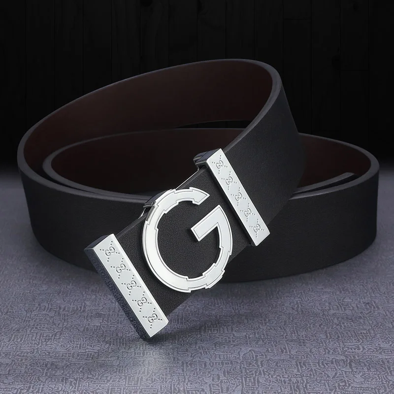 High Quality G letter Slide buckle leather genuine belts men fashion luxury brand Cowskin Waist Strap Casual cintos masculin - Цвет: Black Silver-buckle