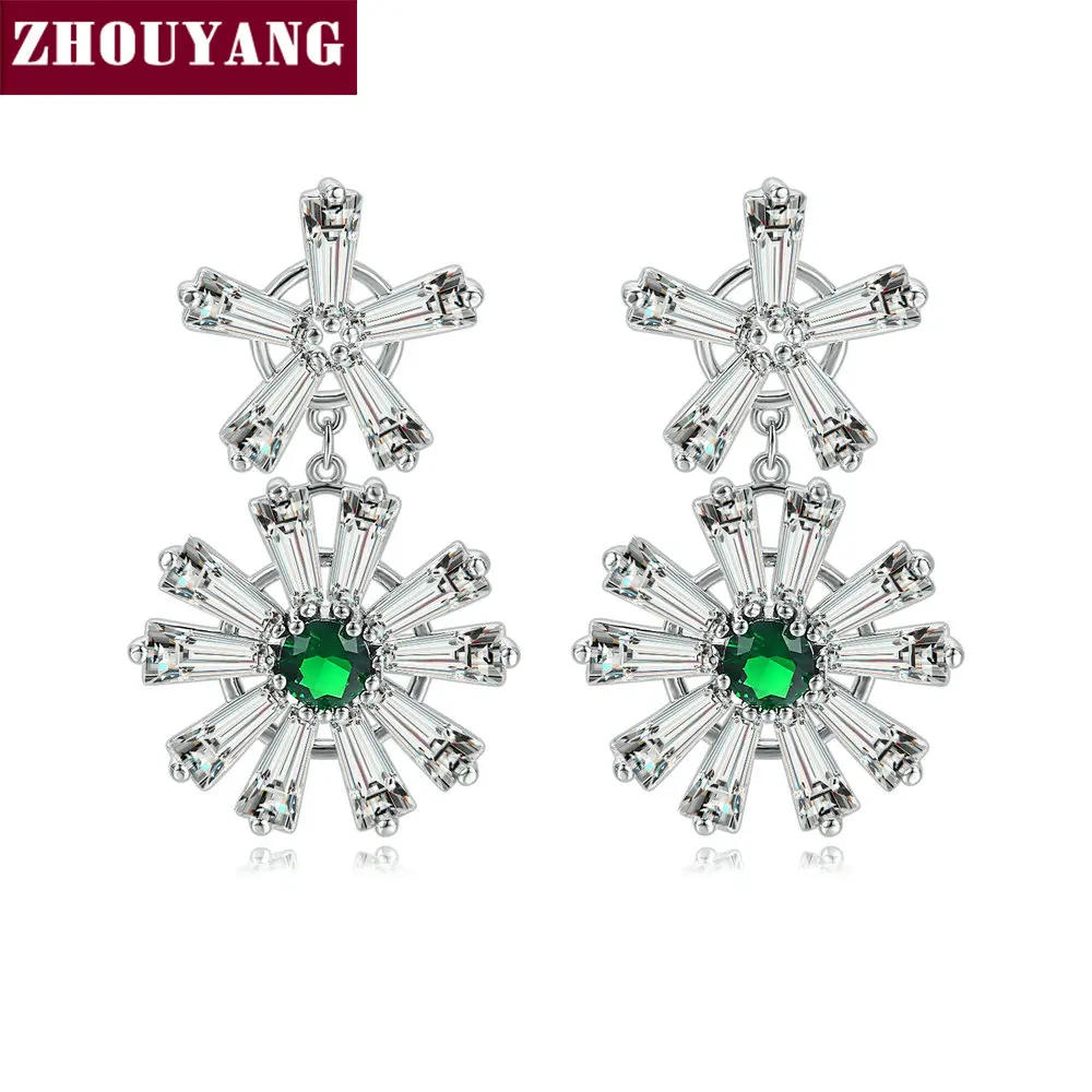 ZHOUYANG Drop Earring For Women Elegant Style Two-color Flower Cubic Zirconia Silver Color Birthday Gift Fashion Jewelry E148