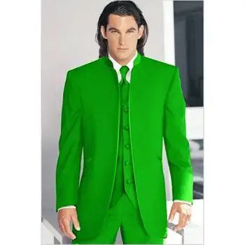 

Custom Men's Suit Measure Tailored Green Madarin Collar grooms men tuxedos (Jacket+Pants+Vest ) 3 Piece