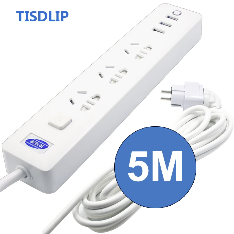 

TISDLIP Socket Extension Socket Power Strip Surge Protector Network Filter Eu Plug 3 Ac/3 USB Power Plug Cable Socket 5m Cable