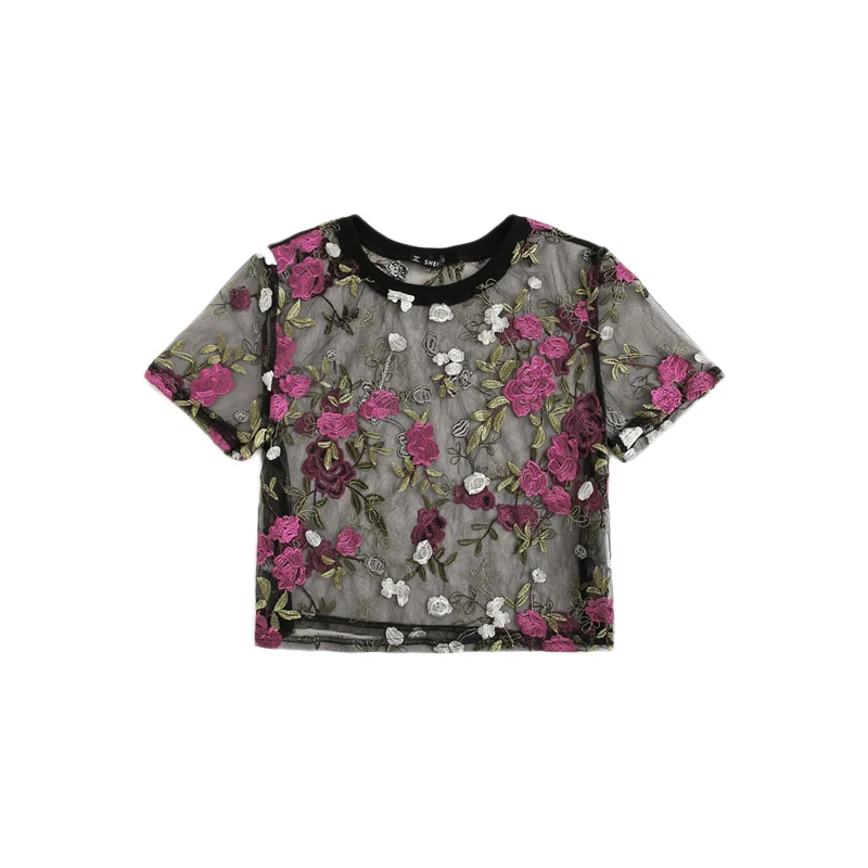 SweatyRocks Цветочный вышитый укороченный сетчатый топ с коротким рукавом и круглым вырезом, уличная одежда, сексуальные прозрачные топы, модные летние повседневные блузки