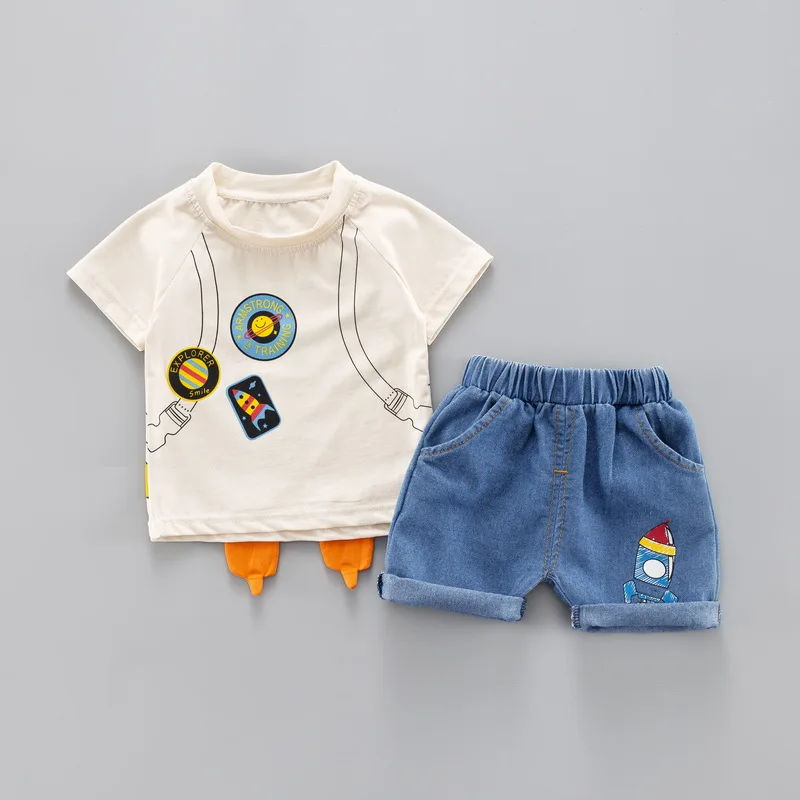 

2 pcs/set Baby Boys Casual Short Sleeve Cartoon Rocket Print Pattern Tops O-neck Blouse T-shirt+Shorts Set Summer Outfits Sets