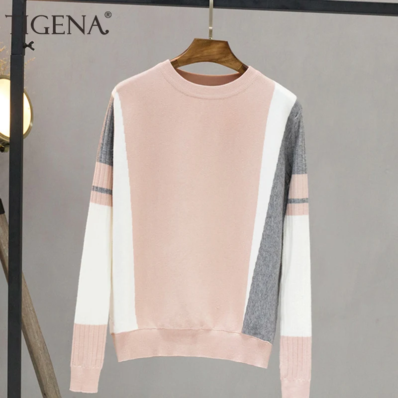 Comprar TIGENA contraste de Color suéter femenino 2019 Otoño Invierno Jersey mujer de manga larga de punto Jumper Pull mujer negro rosa