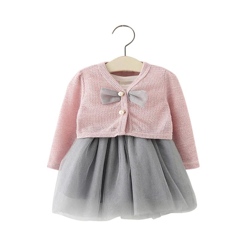 2017 Spring baby girls clothing set lace yarn dresses bowknot sweater 2 pcs set infant formal