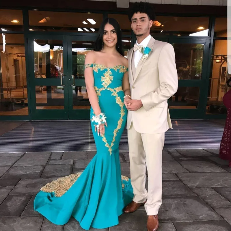Sexy New Designer Off Shoulder 2018 New Mermaid Prom Dresses Gold Applique Floor Length Formal Evening Prom Dress vestidos159