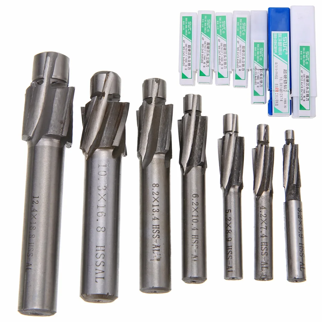 7pcs M3 2 M12 4 Counterbore Milling Cutter High Speed Steel Pilot Slotting Tool End Mill