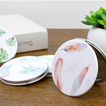 

HUAMIANLI Botical Print Make Up Mirror Pu Leather Round Mini Mirror Girls Portable Mirror Double Side Folding Mirror