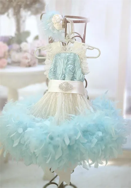 Cheap Fancy Girls Dresses Pageant Rosette Feather Ruffles Dresses Mint Blue Satin Ball Gown Kids Party Pageant Dresses Glitz 2017 New