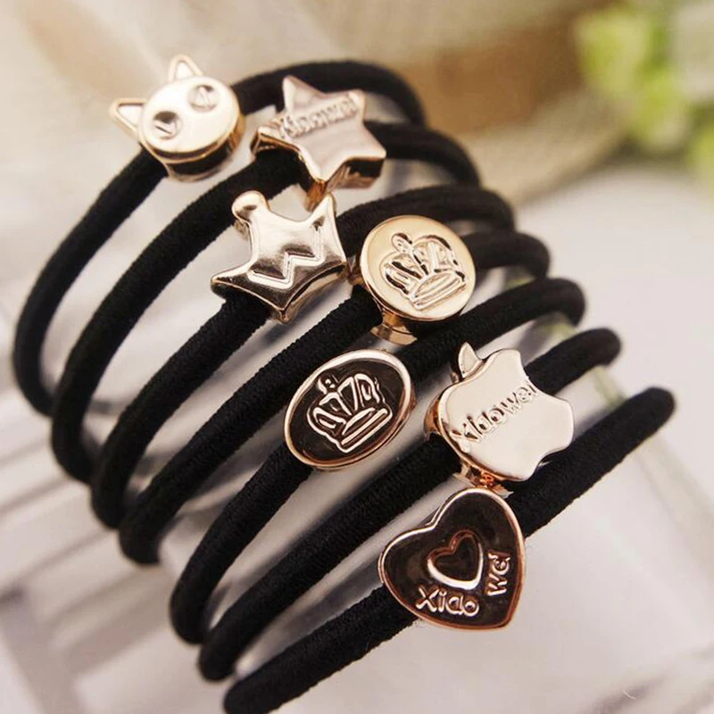 

New 15 pieces / piece fashion crown elastic hair band, multi-shape gold beads apple love heart hair ring fruit bow star hair rop