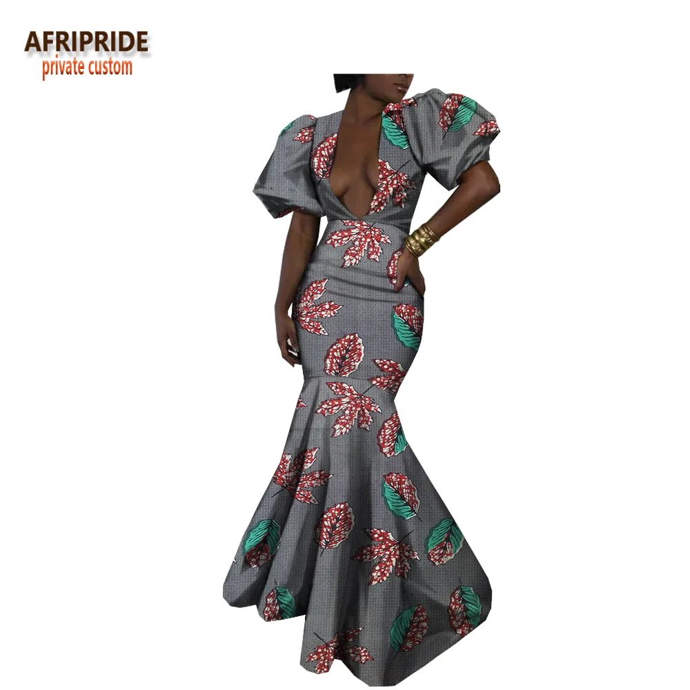 Африканское Макси женское платье AFRIPRIDE с коротким пышным рукавом с глубоким v-образным вырезом длинное, узкое повседневное хлопковое женское платье A1825044 - Цвет: 192J