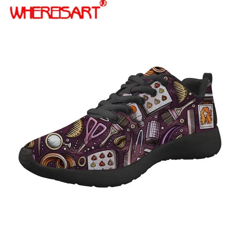 

WHEREISART Fashion Sneakers Women Hair Stylist Printing Flat Shoes Ladies Pointed Toe Sneaker for Females Lightweight Mesh Shoes