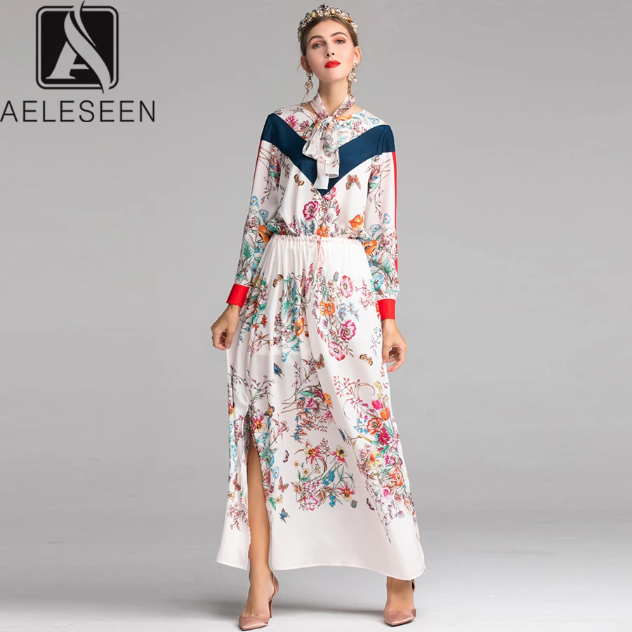 

AELESEEN Boho Designer XXL Dress 2019 Spring Summer Morning Glory Flower Print Bow Split Ankle-Length Elegant Beach Dress Women