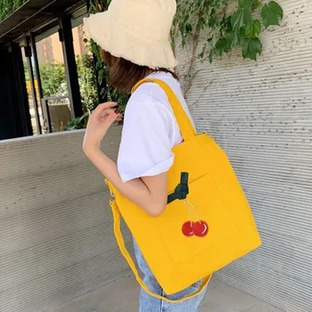 

Canvas Shoulder Tote Bag For Women 2019 Female Simple Reusable Shopping Bag Fresh Cherry Printed Ladies Travel Beach Bag