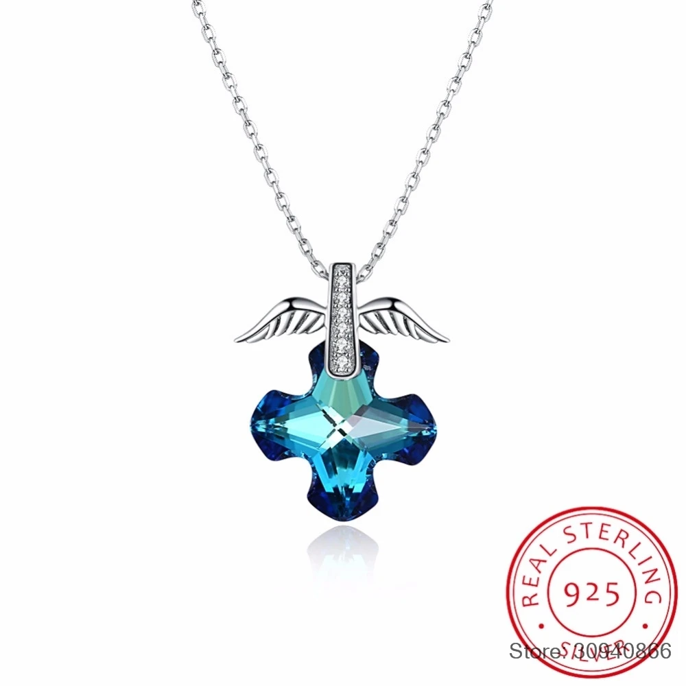 SMTCAT Crystals From Blue Cross Pendant Necklace Simple Trendy Collars Real S925 Silver Fine Jewelry For Women Girls