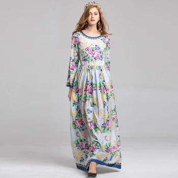 

High quality 2019 new designer fashion runway Maxi dress Women's Long Sleeve Floral Print Vintage Party Beach long Dress