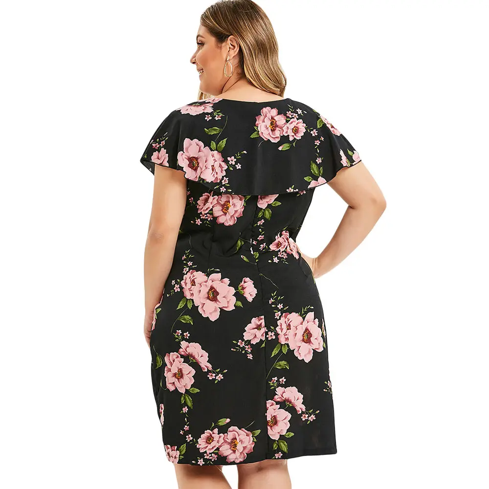 Rosegal Женщины 4XL Плюс Размер Лето Платье с Цветочным Принтом Рюшами Элегантная