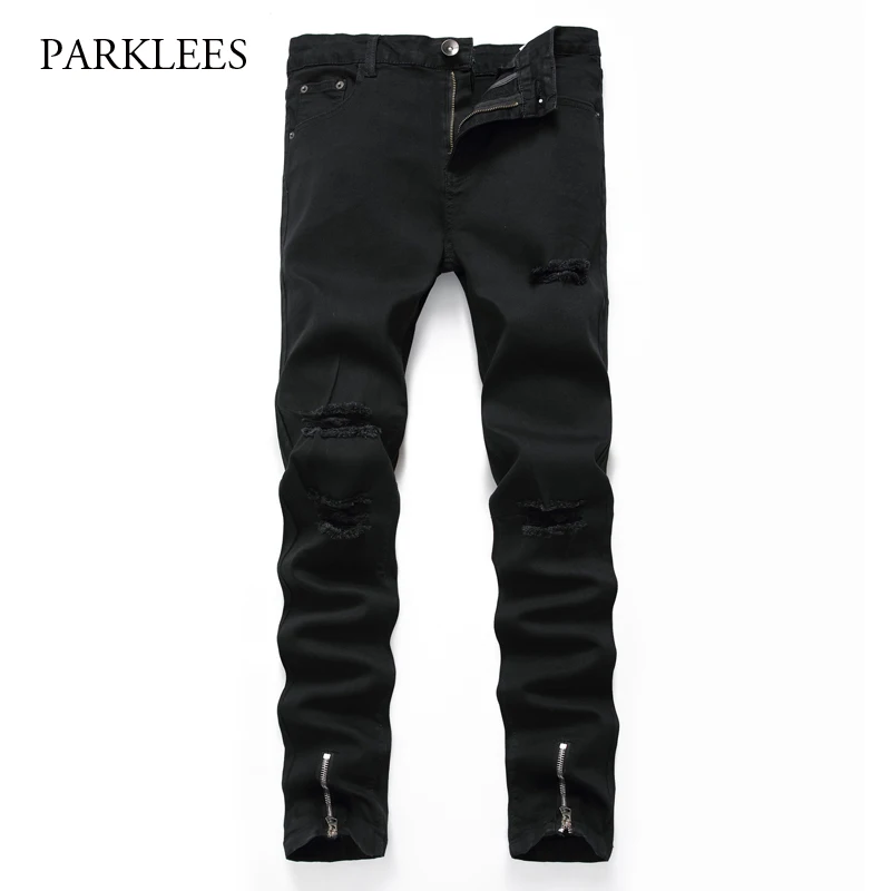 New Biker Jeans Men White Hole Side Zipper Denim Pants