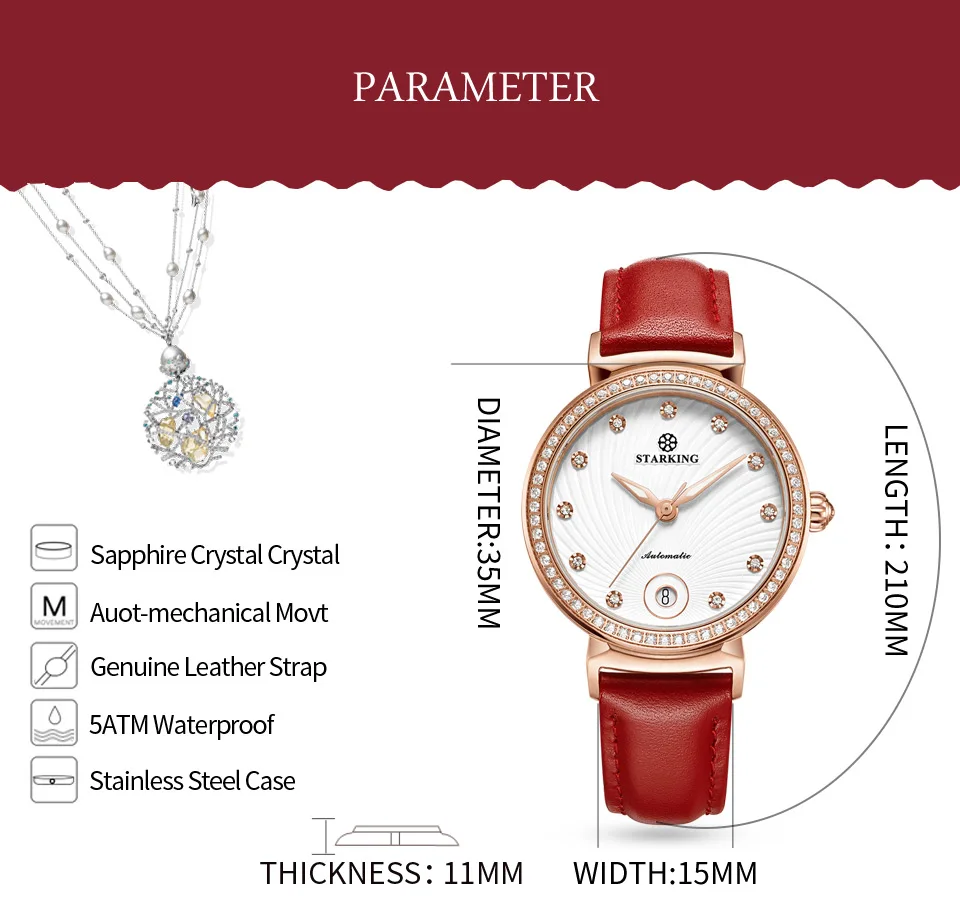 STARKING Women Watches Top Brand Luxury Stainless Steel Leather Casual Waterproof Wristwatch Gift for Wife Mechanical Watch Lady