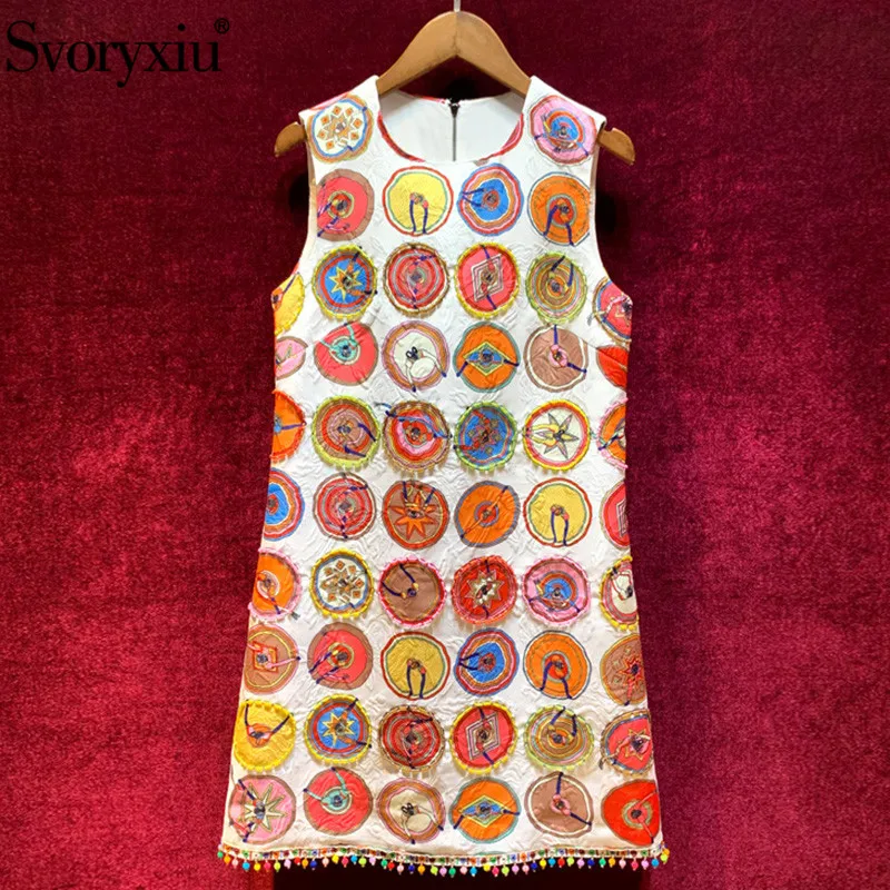 

Svoryxiu Runway Designer Autumn Jacquard Tank Dress Women's High Quality Beading Colorful Printed luxury Party Mini Dress